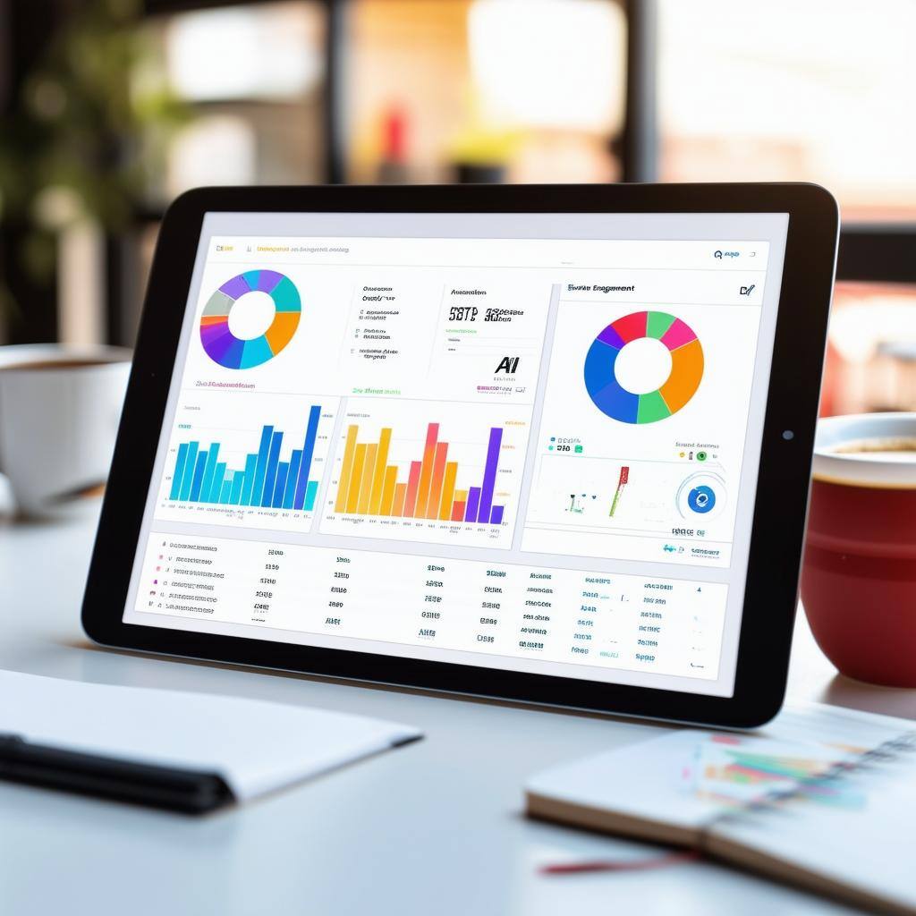 A clean, minimalist dashboard display featuring colorful charts and engagement metrics on a tablet or desktop screen. The background subtly includes elements like a coffee cup and notebook, suggesting real-world application in a small business setting. The focus is on modern, actionable AI tools making an immediate impact.